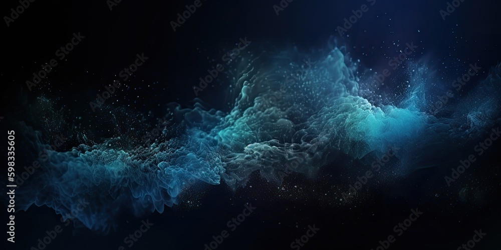 Colorful abstract smoke explosion on dark background. Steam and fog in colorful fantasy teal blue texture design. 