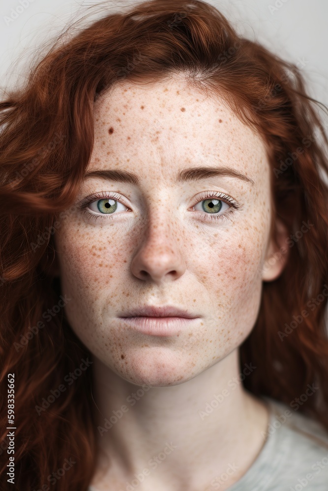 Red hair Irish young woman portrait over shite background. Generative