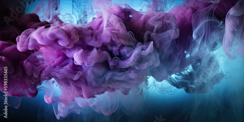 Colorful abstract smoke explosion on dark background. Steam and fog in colorful fantasy texture design. Purple and blue