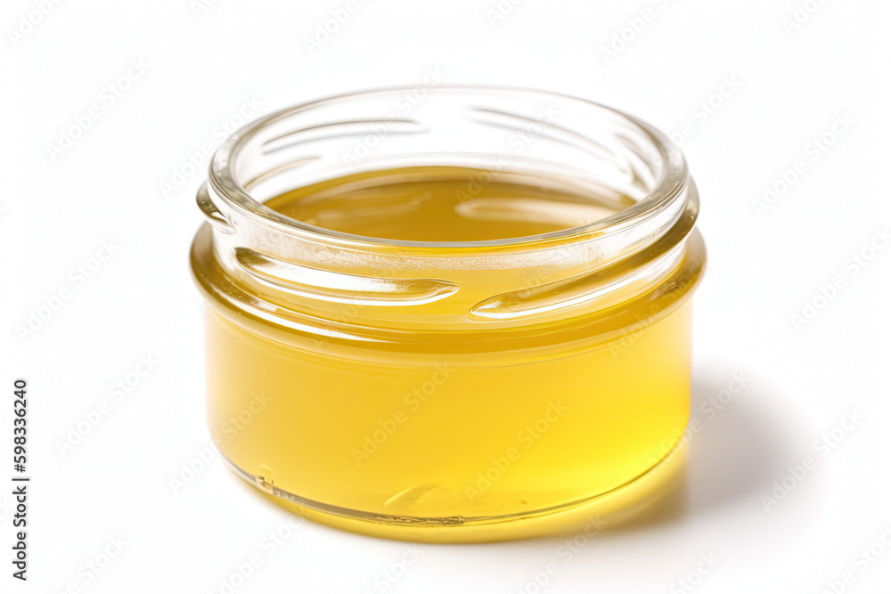 Ghee or clarified butter in jar and wooden spoon isolated on white background.AI generative. Ghee or clarified butter in jar and wooden spoon isolated on white background.AI generative.