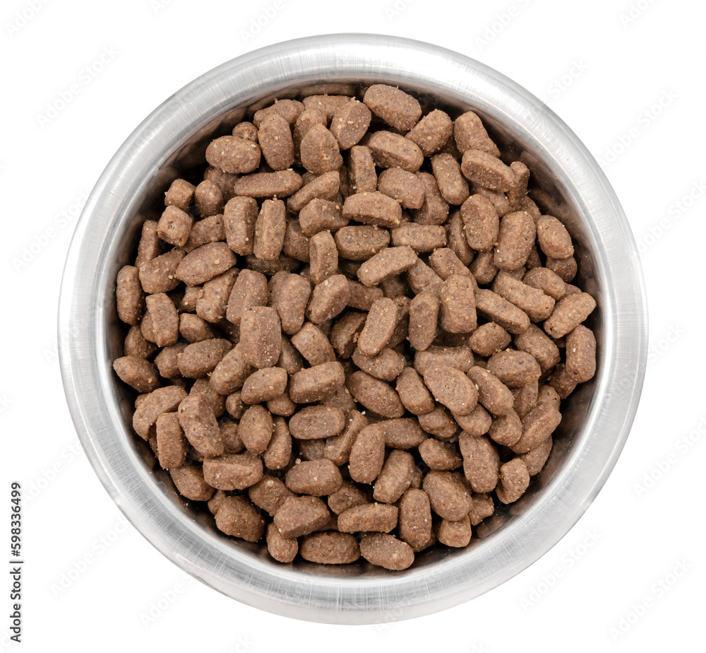 Metal bowl with dog food on a white background. View from above. Food for dogs and cats Metal bowl with dog food on a white background. View from above. Food for dogs and cats