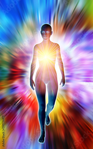 female alien figure advancing with a burst of colorful lights 