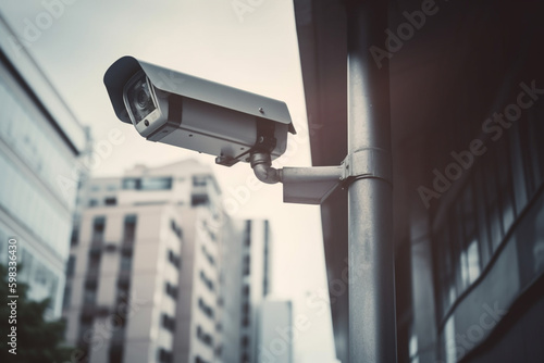  Modern public CCTV camera on electric pole with blur Generative AI