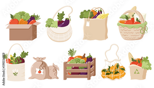 Farm organic fruit and vegetables in reusable paper packages, textile bag, basket, wooden box. Eco friendly shopping. Reduce and recycle. Sustainability concept. Colourful cartoon vector illustration.