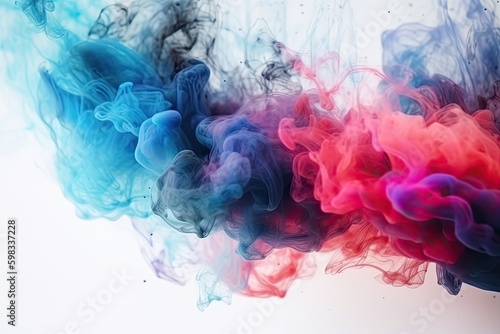 Fume texture. Color mist. Ink water mix. Red blue burning hot sparks smoke cloud particles floating on bright white abstract art background - Generative AI