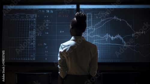 Colored Business Woman Standing in Front of Graphs Showing Financial Downturn