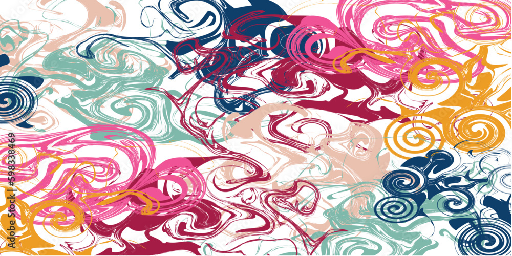 Fototapeta premium Psychedelic liquid banner. Candy color pattern design. Groovy trippy 1970's 1960's. Retro template background vector illustration. Marble illusion pattern