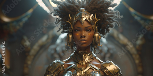 Hübsche Afroamerikanische Frau im Cyberpunk Stil mit Kopfschmuck Gesicht Nahaufnahme, ai generativ