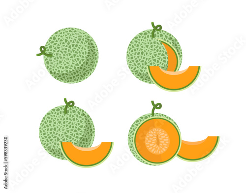 Melon set. Whole, sliced, half of green melon with ogange pulp.