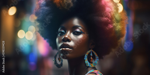Hübsche Afroamerikanische Model Frau im Discolicht Gesicht Nahaufnahme, ai generativ