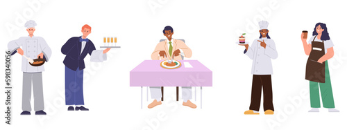 People restaurant staff in uniform and happy client at table isolated set on white background Generative AI