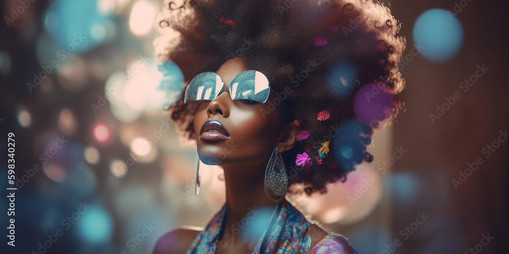 Hübsche Afroamerikanische Frau mit Sonnenrille im Discolicht Gesicht Nahaufnahme, ai generativ Hübsche Afroamerikanische Frau mit Sonnenrille im Discolicht Gesicht Nahaufnahme, ai generativ