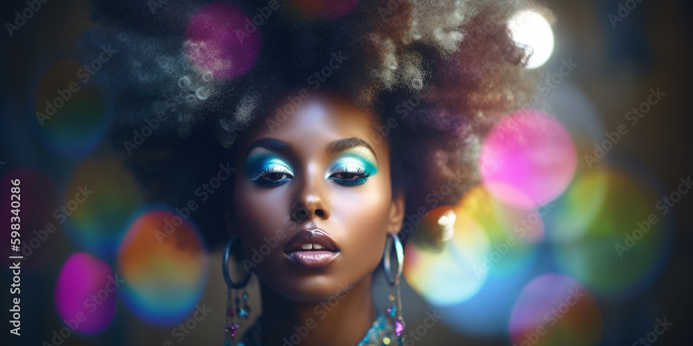 Fototapeta premium Hübsche Afroamerikanische Model Frau im Discolicht Gesicht Nahaufnahme, ai generativ