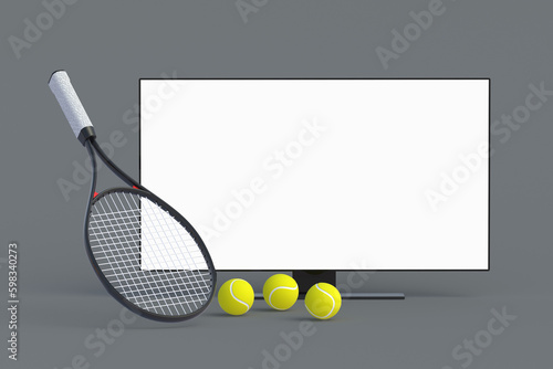 Tennis racquet and ball near tv with white isolated screen. Sports broadcast of the tournament. Online stream. Leisure and entertainment. 3d render