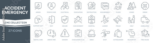 Accident and emergency linear signed icon collection. Signed thin line icons collection. Set of accident and emergency simple outline icons