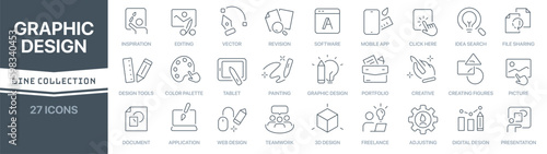 Graphic design linear signed icon collection. Signed thin line icons collection. Set of graphic design simple outline icons