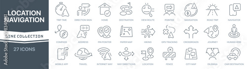 Location and navigation linear signed icon collection. Signed thin line icons collection. Set of location and navigation simple outline icons