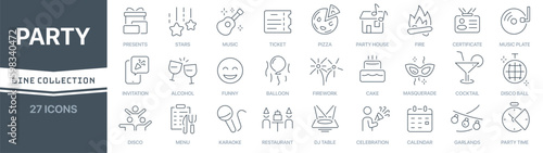 Party linear signed icon collection. Signed thin line icons collection. Set of party simple outline icons