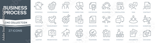 Business process linear signed icon collection. Signed thin line icons collection. Set of business process simple outline icons