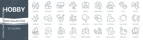 Hobby linear signed icon collection. Signed thin line icons collection. Set of hobby simple outline icons