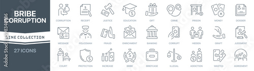 Bribe and corruption linear signed icon collection. Signed thin line icons collection. Set of bribe and corruption simple outline icons