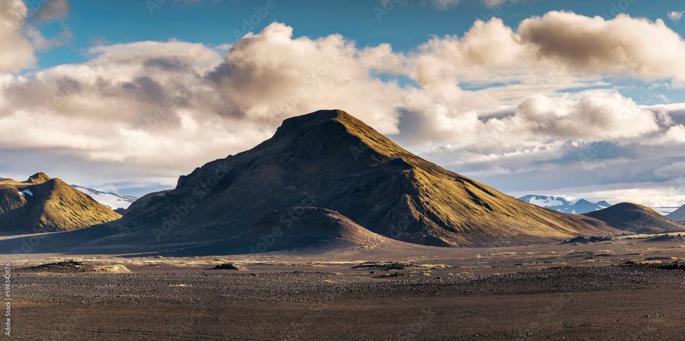 Landscape of volcanic mountain with blue sky on remote wilderness in summer at Icelandic Highlands
