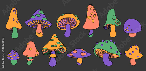 Set of stylizes hippie groovy mushrooms. Trippy psychedelic elemenst in 60s, 70s style. Kidcore rainbow tattoo stickers with funky fungus.
