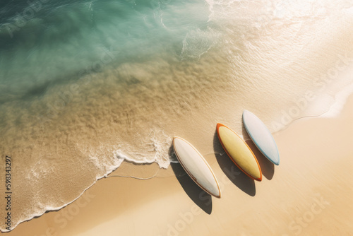 Top view of surfborad on tropical beach background. Sport and summer vacation concept. Generative ai. photo