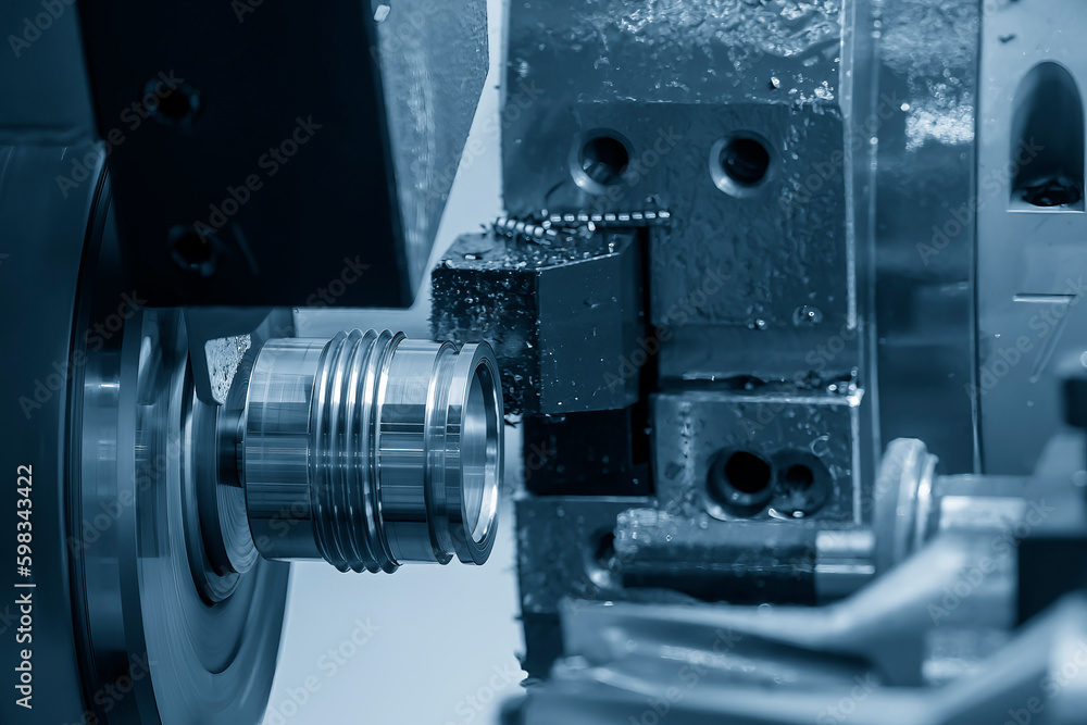 The multi-tasking CNC lathe machine swiss type finish cut the metal pipe parts.