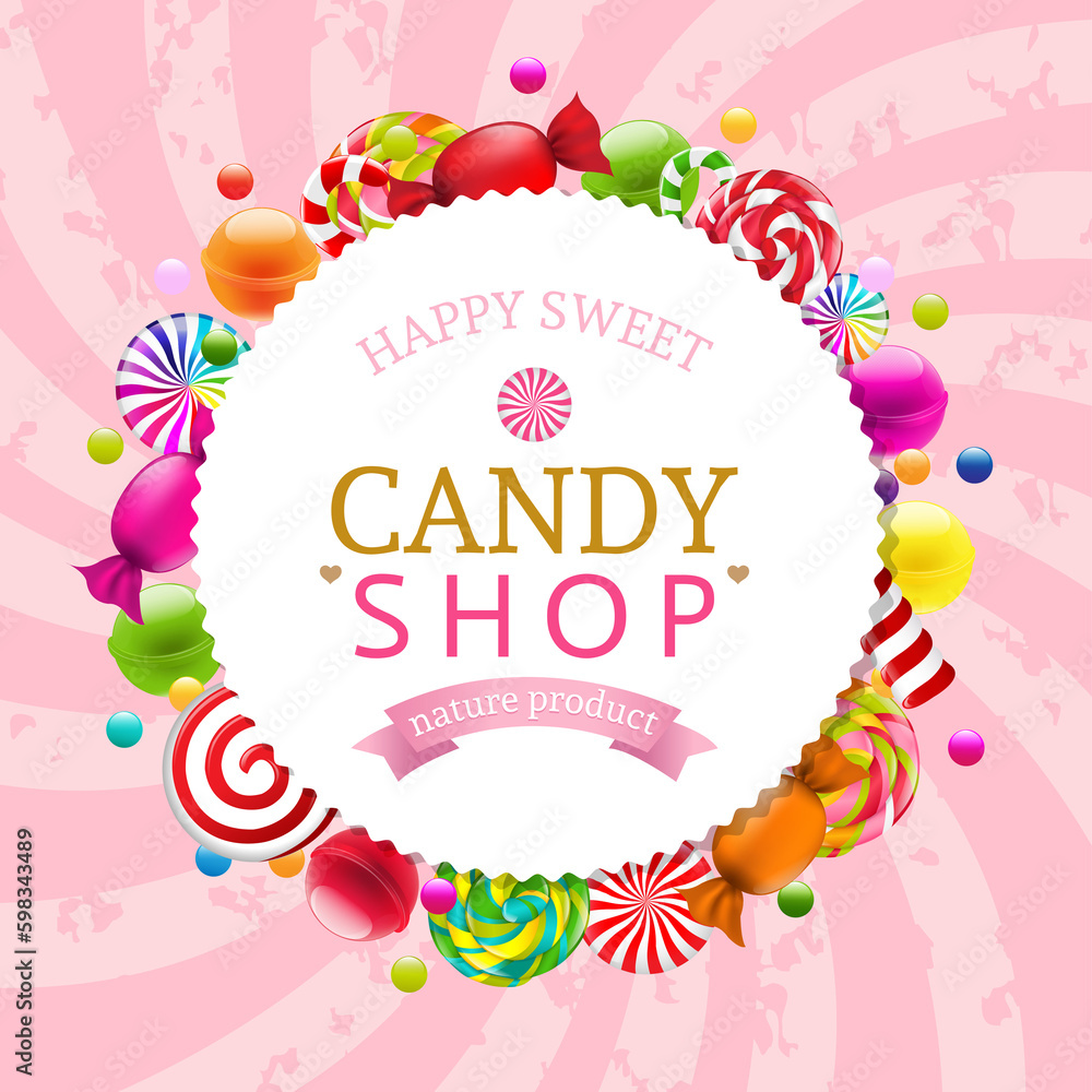 Candy Shop Label With Pink Sunburst
