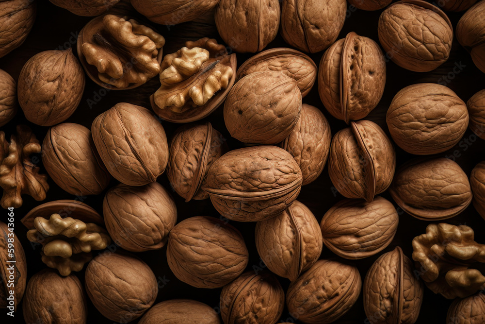 close up of walnuts on wooden background.Created with Generative AI Technology. close up of walnuts on wooden background.Created with Generative AI Technology.