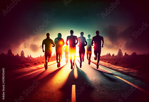 Silhouettes of running people. A group of athletes at sunset in the backlight are running along the highway. AI generated. © serperm73