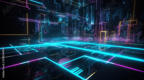 Background of technology neon light scene,created with Generative AI tecnology.