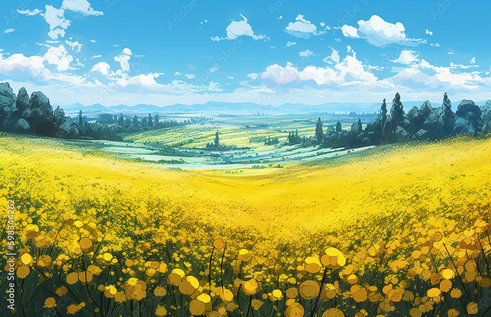 Obraz premium 菜の花畑と青空の水彩背景,Generative AI
