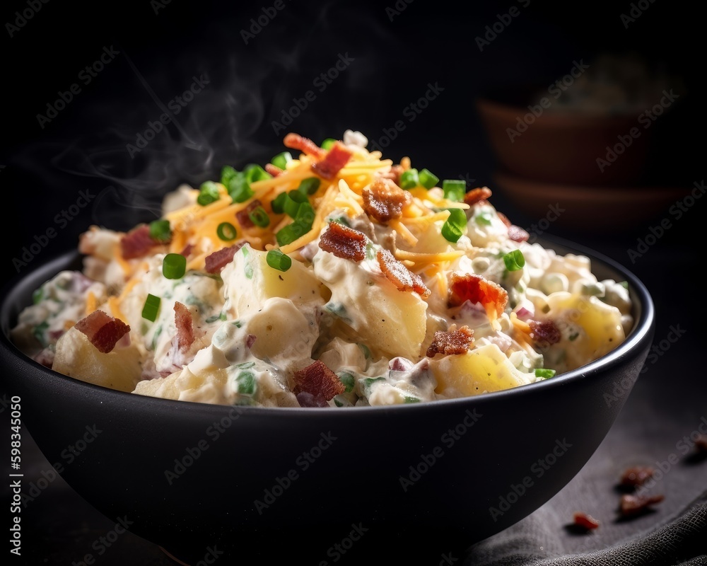 potato salad with diced cheese and crispy bacon bits potato salad with diced cheese and crispy bacon bits