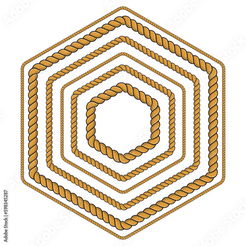 Set of hexagonal rope frame isolated on white background.