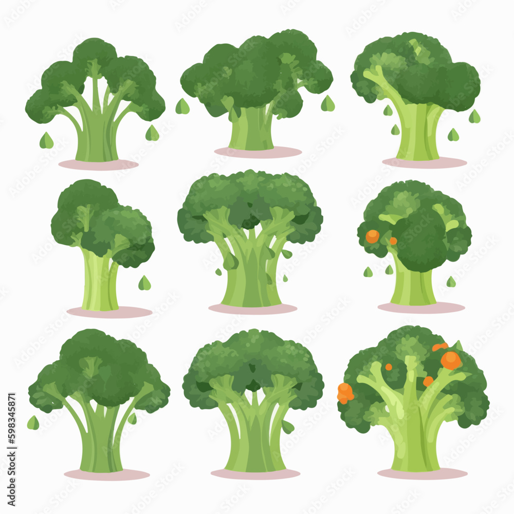 Vector images of broccoli florets and stalks, perfect for healthy food designs Stock Vector