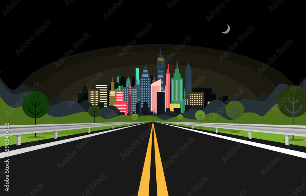 Night empty asphalt road with city on background - vector