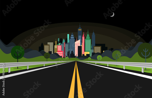 Night empty asphalt road with city on background - vector