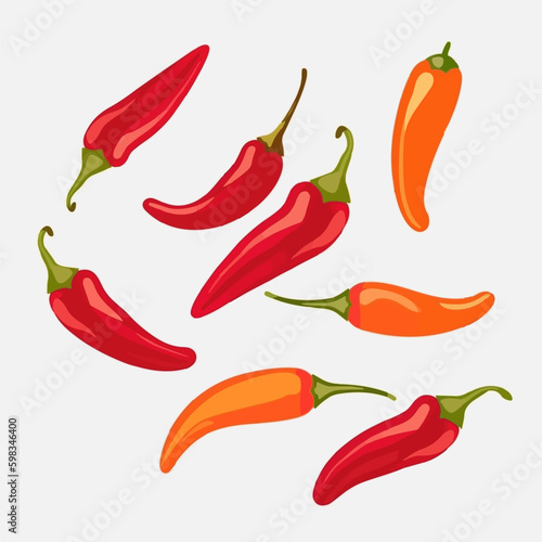 A colorful set of vector illustrations featuring chili peppers