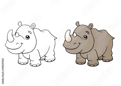 Coloring page with the image of a cute rhinoceros. Children's color draw book and activity game. Educational creative task for kids.
