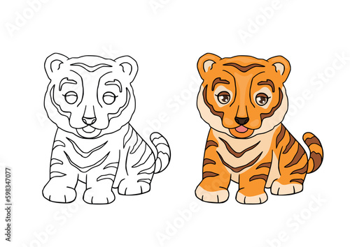 Coloring page with the image of a cute tiger. Children's colouring book and activity game. Educational creative task for kids.