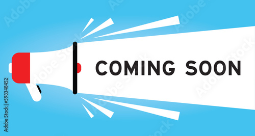 Color megaphone icon with word coming soon in white banner on blue background