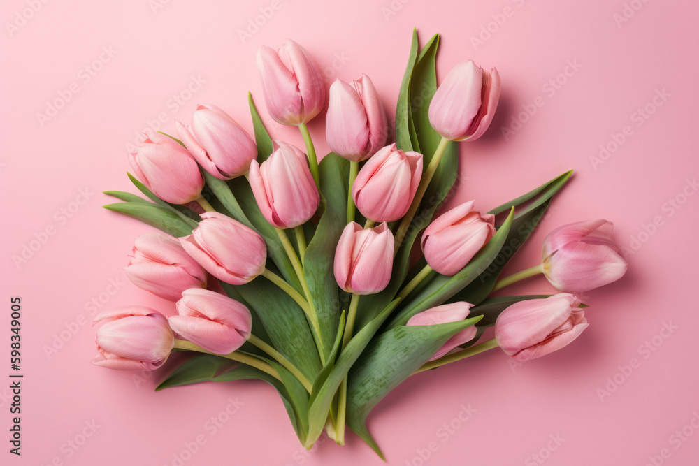 Pink Tulip Bouquet on Pastel Pink Table Pink Tulip Bouquet on Pastel Pink Table