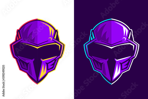 Skull in pilot, astronaut or alien helmet. Esports gaming high detailed logos set. Violet bones with vivid lights. photo