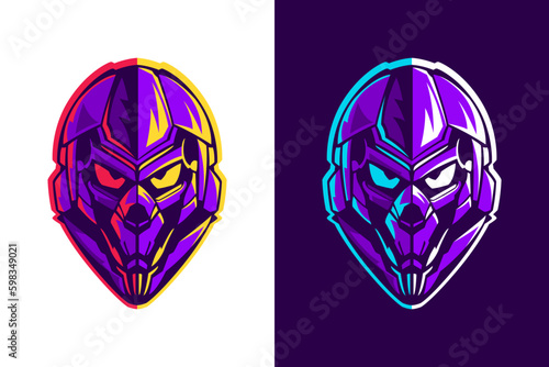 Skull in pilot, astronaut or alien helmet. Esports gaming high detailed logos set. Violet bones with vivid lights.