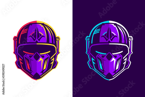 Skull in pilot, astronaut or alien helmet. Esports gaming high detailed logos set. Violet bones with vivid lights.