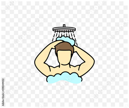 Man bathe in the shower and lather, colored graphic design. Bathroom, hygiene, body care, hair care, shampoo, soap and gel, vector design and illustration