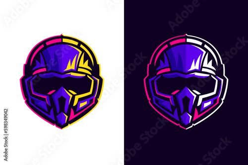 Fantasy space helmets vector illustrations. Esports gaming high detailed logos set. Violet bones with vivid lights. Gamer sport team mascot design. Vector for horror genre, racing, or flight badge.