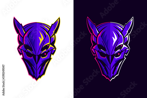 Skull in pilot, astronaut or alien helmet. Esports gaming high detailed logos set. Violet bones with vivid lights.